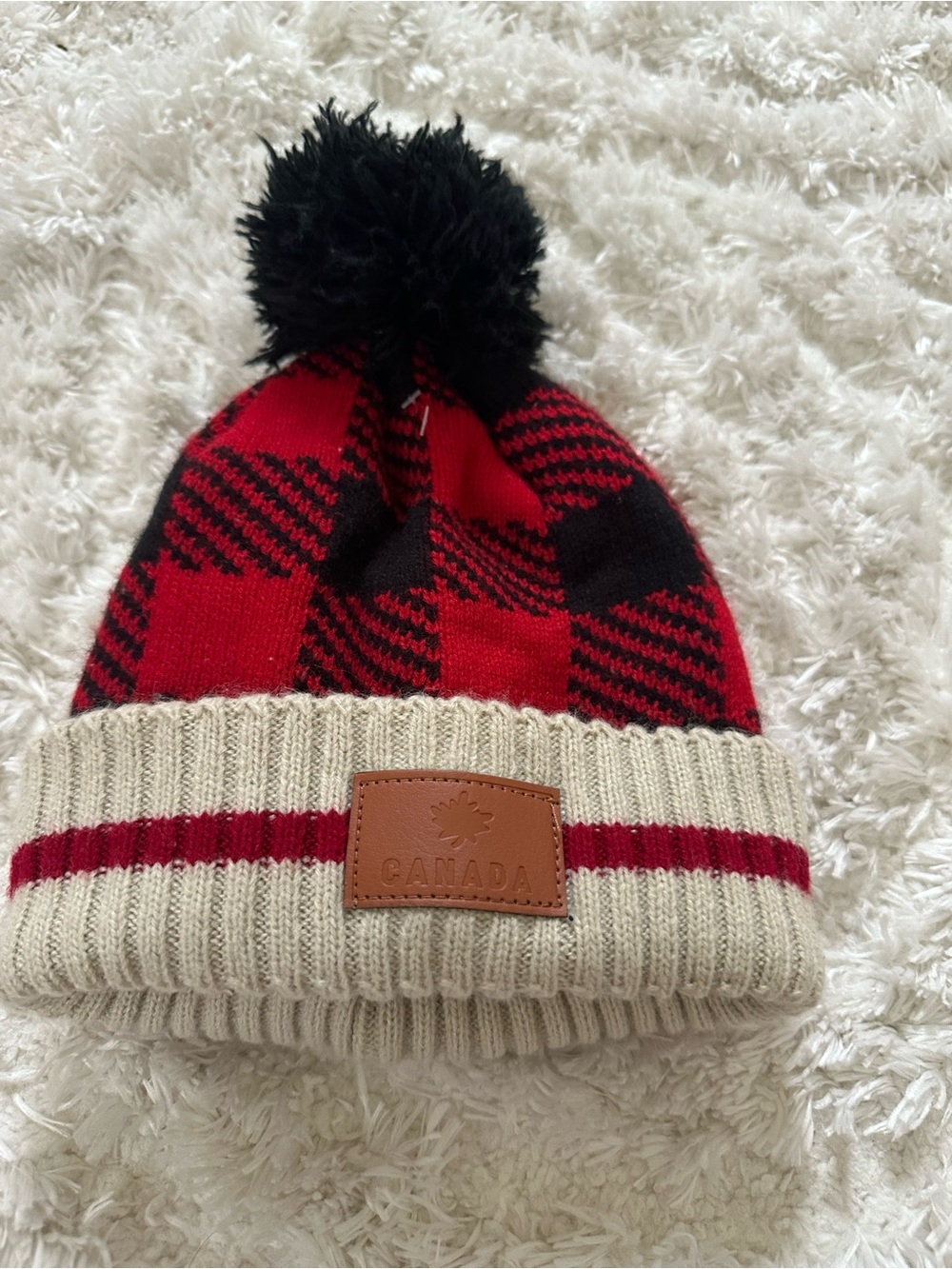 BABAZOO Canada Red Black Plaid Fleece Lined Pom Pom Beanie Hat unisex